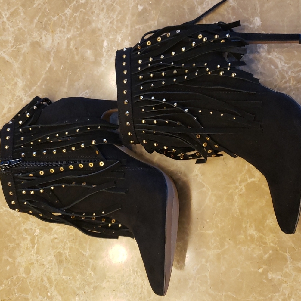 Express black micro suede cowhide fringed w gold-embellished ankle booti… - Picture 3 of 16